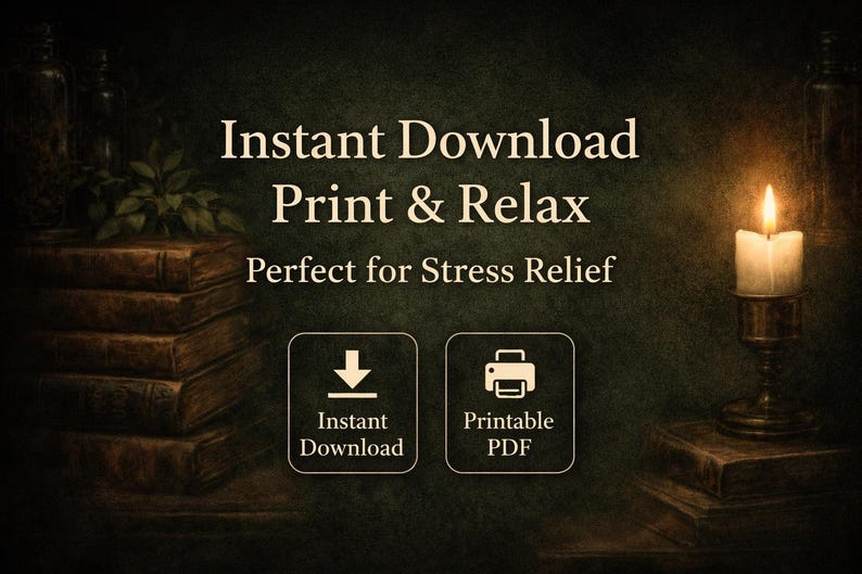 以下が含まれることがあります： 「Instant Download Print & Relax Perfect for Stress Relief」のテキストが入った画像。古い本の山、火の灯ったろうそく、インスタントダウンロードと印刷可能なPDFのアイコンが表示されています。