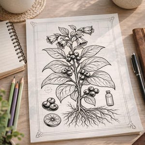 以下が含まれることがあります： 格子模様の紙に描かれた、実、花、根を持つ植物の詳細な植物図。小さなボトル、スライスされた柑橘系の果物、ベリーが描かれています。鉛筆、メモ帳、お茶の入ったカップも写っています。