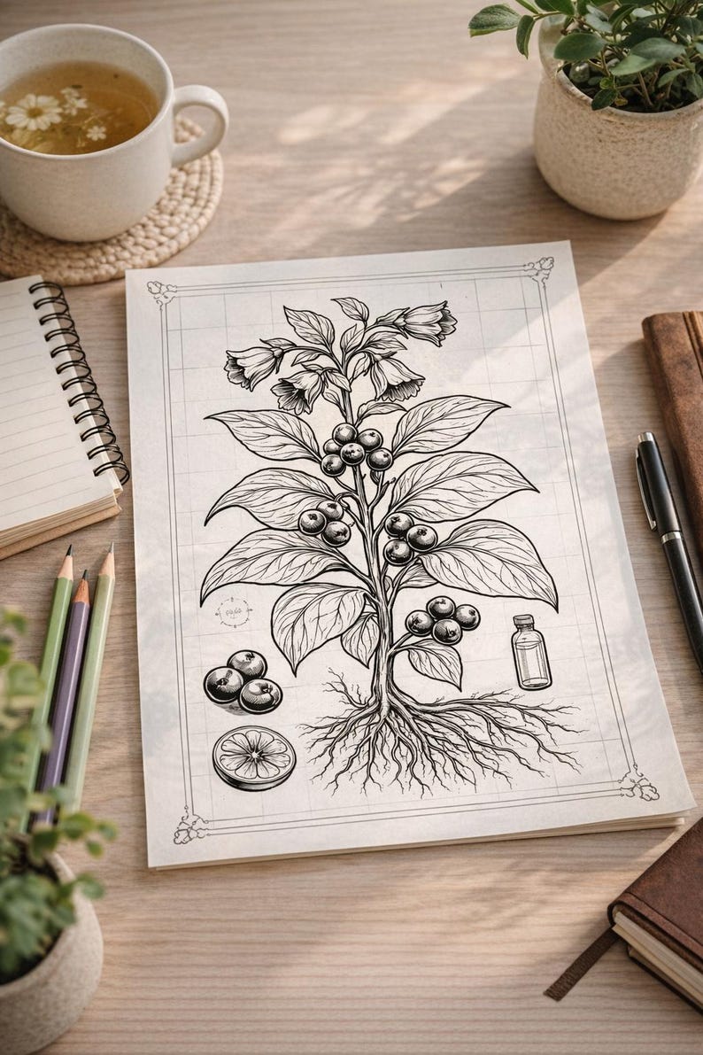 以下が含まれることがあります： 格子模様の紙に描かれた、実、花、根を持つ植物の詳細な植物図。小さなボトル、スライスされた柑橘系の果物、ベリーが描かれています。鉛筆、メモ帳、お茶の入ったカップも写っています。