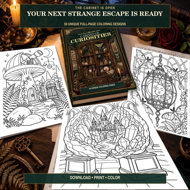 May include: A printable coloring book titled Cabinet of Curiosities featuring 50 unique full-page designs. The cover displays a dark wooden cabinet filled with artifacts. Three sample pages show a mushroom house, a sun and moon lantern, and a castle.