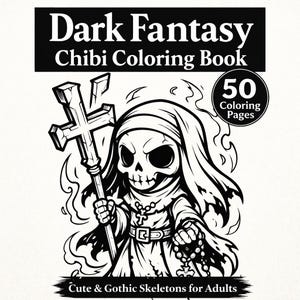 Livro de colorir de esqueletos chibi de fantasia sombria | Personagens kawaii assustadores para imprimir, 50 páginas