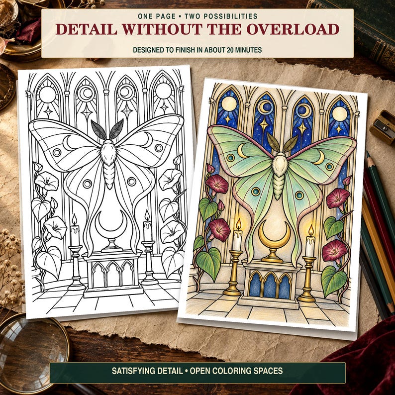 May include: Two coloring pages featuring a large moth centered above a pedestal with candles and climbing flowers against a gothic window background. One page is a black and white line drawing, and the other is a fully colored version of the same design.