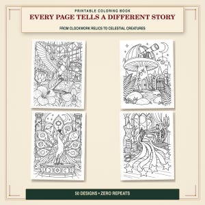 May include: A printable coloring book titled EVERY PAGE TELLS A DIFFERENT STORY FROM CLOCKWORK RELICS TO CELESTIAL CREATURES. It features four black and white line art illustrations including a mechanical bird, a mushroom observatory, a peacock, and a sewing machine.