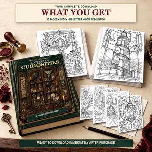 May include: A digital coloring book titled Cabinet of Curiosities with 50 unique pages, featuring a dark green cover with an illustration of a curio cabinet. Includes printable black and white line art pages showing an hourglass, a spiral staircase, and celestial motifs. Text includes: YOUR COMPLETE DOWNLOAD WHAT YOU GET 50 PAGES 2 PDFS US LETTER HIGH RESOLUTION READY TO DOWNLOAD IMMEDIATELY AFTER PURCHASE.