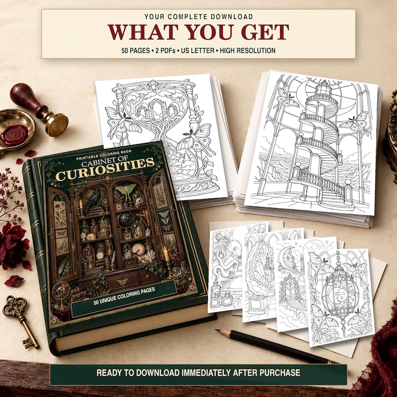 May include: A digital coloring book titled Cabinet of Curiosities with 50 unique pages, featuring a dark green cover with an illustration of a curio cabinet. Includes printable black and white line art pages showing an hourglass, a spiral staircase, and celestial motifs. Text includes: YOUR COMPLETE DOWNLOAD WHAT YOU GET 50 PAGES 2 PDFS US LETTER HIGH RESOLUTION READY TO DOWNLOAD IMMEDIATELY AFTER PURCHASE.