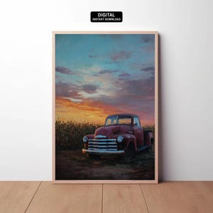 Digital | Vintage Pickup Truck Sunset Printable  Rustic Farm Wall Art in Oil Painting Style