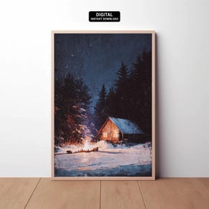 Digital | Cabin in Snowy Forest – Vintage Style Printable  Winter Landscape Wall Art