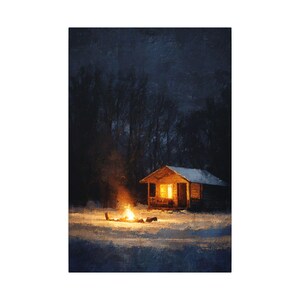 Canvas | Campfire Cabin at Night - Canvas Snowy Winter Vintage Wall Art, Stretched Matte Canvas