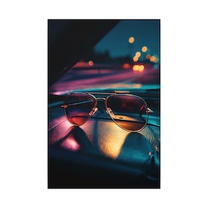 Canvas | Miami Vice Neon Aviator Sunglasses - Stretched Matte Canvas Wall Art Retro 80s Miami Night Vibes Poster