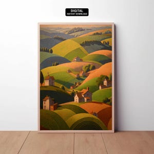 Digital | Rolling Hills Village – Printable  Wall Art, Vintage Oil Painting Style