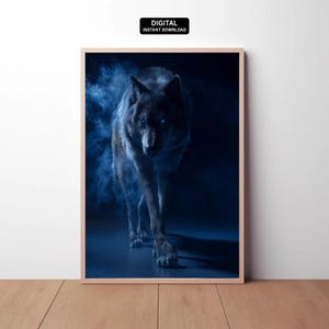Digital | Black And Blue Wolf - Printable Wall Art Dark Poster Cinematic Wildlife Print Gothic Artwork For Home Decor