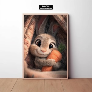 Digital | Smiling Bunny with Carrot Poster – Cute Printable Nursery Wall Art