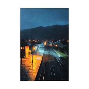 Canvas | Night Train Station - Railroad Wall Art For Home Decor, Stretched Matte Canvas