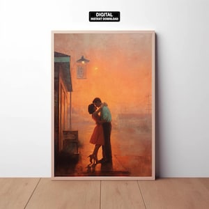 Digital | Vintage Couple Kiss Printable Romantic  Oil Style Wall Art for Modern Apartments