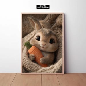 Digital | Bunny Holding Carrot Poster – Printable Cute Nursery Wall Art Decor
