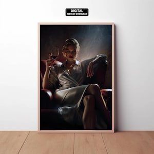 Digital | Elegant Woman with Wine - Printable Poster For Home Decor Gangster Inspired Cinematic Glamour Wall Art For Living Room