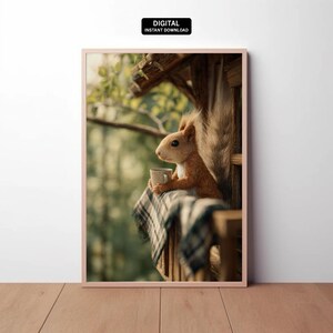 Digital | Cozy Squirrel With Coffee Cup - Cute  Woodland Animal Poster For Home Decor