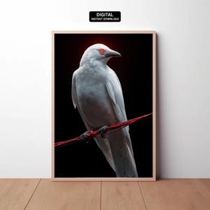 Digital | White Raven Poster – Printable Red Eyed White Crow on Red Wire Dark Minimalist Bird Art Print for Modern And Bold Wall Decor