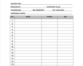 Silent Auction Bidding Sheet