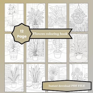 12 pagine da colorare di fiori, libro da colorare di piante da interno per adulti e bambini, vaso di fiori stampabile, PDF, download immediato, arte