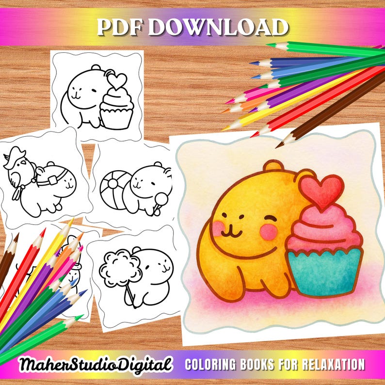Cute Capybara Coloring Pages for Kids & Adults, 10 Printable PDF Pages ...