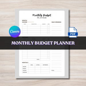 Planejador de Orçamento Mensal Minimalista, Modelo Editável do Canva, Rastreador Financeiro para Impressão, Download Instantâneo em PDF