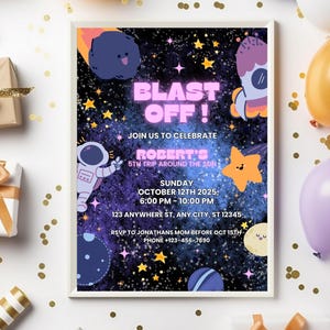 Trip Around the Sun Outer Space Birthday Card  | Customizable Canva Design Template