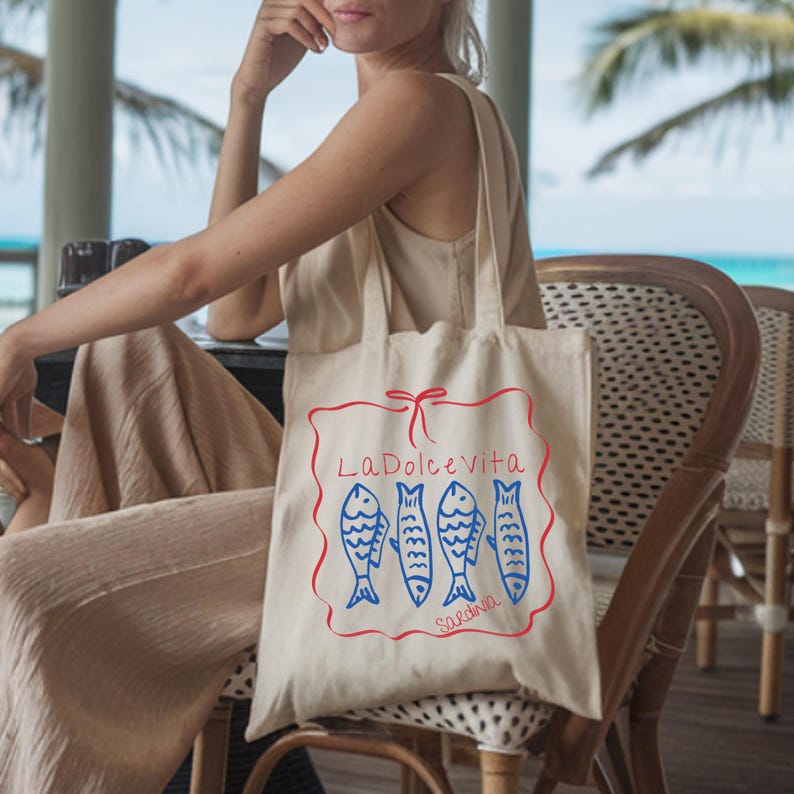 Sardine tote Bag, La Dolce Vita Sardinia Tote bag, Italy Tote Bag, Italian Tote Bags, Trendy Gift For Her, La Dolce Vita, Retro Italian Bag image 2