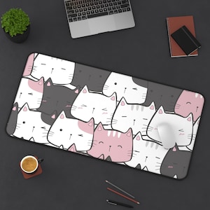 Cute Cat Desk Mat, Kawaii Office Decor, Cat Lover Gift, Cat Mouse Pad, Kawaii Cat Mousepad, Cute Kawaii Desk Mat, Pink Kawaii Cat Desk Mat
