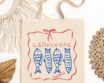 Sardine tote Bag, La Dolce Vita Sardinia Tote bag, Italy Tote Bag, Italian Tote Bags, Trendy Gift For Her, La Dolce Vita, Retro Italian Bag