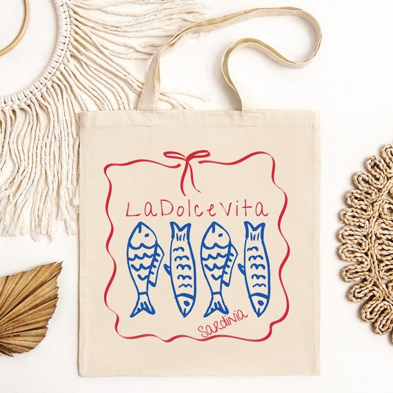Sardine tote Bag, La Dolce Vita Sardinia Tote bag, Italy Tote Bag, Italian Tote Bags, Trendy Gift For Her, La Dolce Vita, Retro Italian Bag
