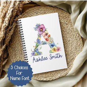 Cuaderno espiral con monograma floral, diario personalizado con iniciales, cuaderno de acuarela de flores silvestres, diario con monograma personalizado