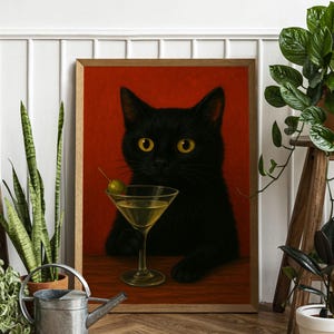 Black Cat and Martini Art Print cute Quirky Whimsical-Cocktail Art Bar Cart Decor-Fine Art Print Gift