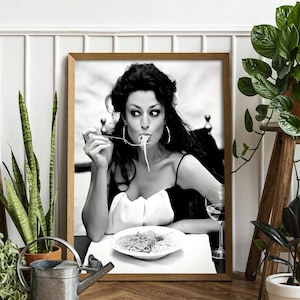 Woman Eating Spaghetti Poster-Black and White Vintage Photo-Pasta Print-Dining Room Decor-Printable Wall Art-Kitchen Wall Decor