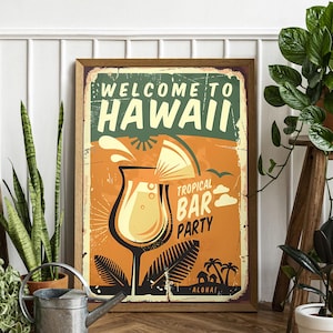 Impresión en lienzo "Bienvenido a la fiesta tropical en el bar de Hawái": póster retro de cócteles enmarcado para decorar el hogar, el bar y la cocina.