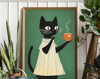 May include: A framed art print featuring a black cat wearing a striped dress and holding an orange mug with a heart. The cat is set against a green background. The artwork is in a wooden frame and is surrounded by plants.