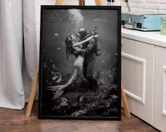 Vintage Mermaid Diver Print: Nautical Coastal Ocean Wall Art