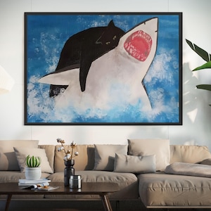Black Cat Riding Shark, Funny Ocean Wall Art Print, Surreal Cat Lover Gift, Whimsical Sea Animal Illustration Decor