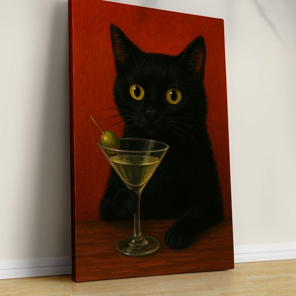 Lámina artística de Black Cat Martini: decoración caprichosa para carrito de bar de cócteles