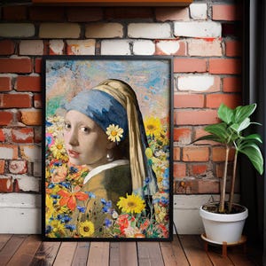 Muurkunst renaissance bloemen: print meisje met parel