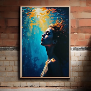 Diving oil painting diving wall art swimming girl painting blue abstract art diving in oceanSensual Woman Swimming Handmade Canvas wall art