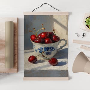Cherry Oil Painting on Canvas: Framed Still Life, Ready to Hang