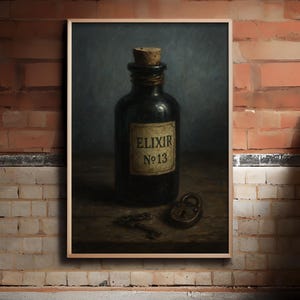 Elixir No.13 Potion Bottle with Key and Lock – Gothic Dark Academia Halloween Still Life