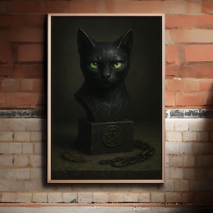 Schwarze Katze Büste - Gothic Halloween Hexe Vertraute Skulptur mit Pentagramm