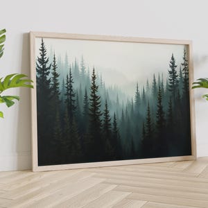 Misty Evergreen Forest Print: Tranquil Woodland Landscape, Rustic Cabin Decor
