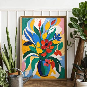 Composición vibrante de jarrón fauvista: arte floral moderno y colorido para la pared, ideal para decorar la sala de estar, lienzo o póster, listo para colgar.