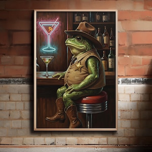 Retro Frog Martini Art Print: Whimsical Cocktail Bar Decor