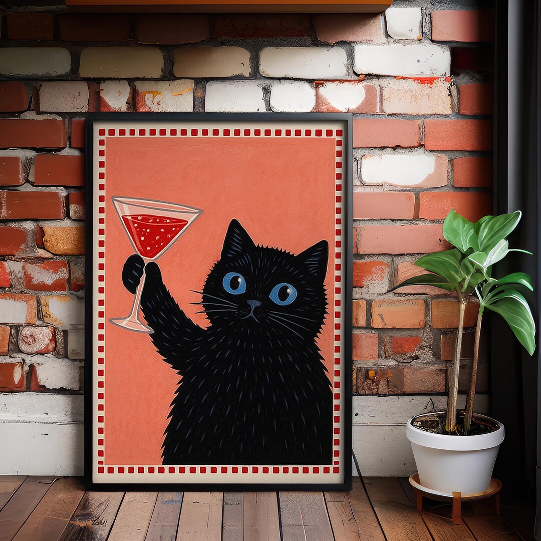 Black Cat Martini Art Print – Retro Bar Cart Decor - Etsy