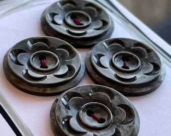 Set of 4 Matching Vintage Gun-Metal Grey Flower Buttons (22 mm)