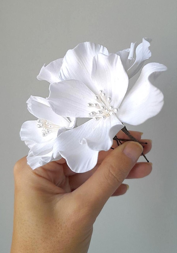 White Polymer Clay Flower Hair Pins - Set of 3 - Bridal  display picture 1